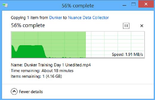 圖1. 在Windows 8傳輸大文件到網(wǎng)絡文件共享時，文件傳輸進程在開始的時候非?？?，然后速度會明顯下降